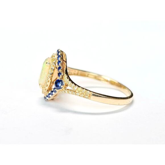 14k Gold Opal, Diamond & Sapphire Halo Ring, Size 10.5 Signed - Picture 6 of 6